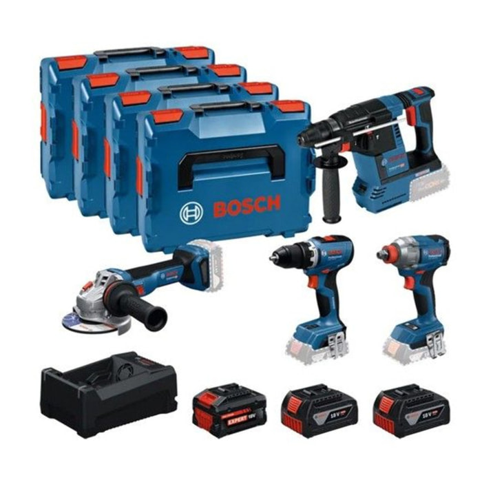 COMBO KIT 4 OUTILS : GSR 18V-65 + GDX 18V-285 + GBH 18V-26 + GWS 18V-11 + GBA 18V 2x5,0Ah + 1x EXBA 18V 5,5Ah + GAL 12V/18V-80 L - BOSCH - 0615A500BJ