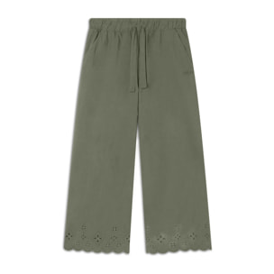 Pantaloni wide leg in cotone navetta con ricami Sangallo