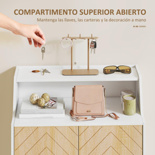 Zapatero de 2 Puertas en Espiga, Zapatero Entrada Recibidor con Estantes Ajustables, Compartimento Abierto y Patas de Madera, para 15 Pares de Zapatos, 75x35x104 cm, Blanco y Natural