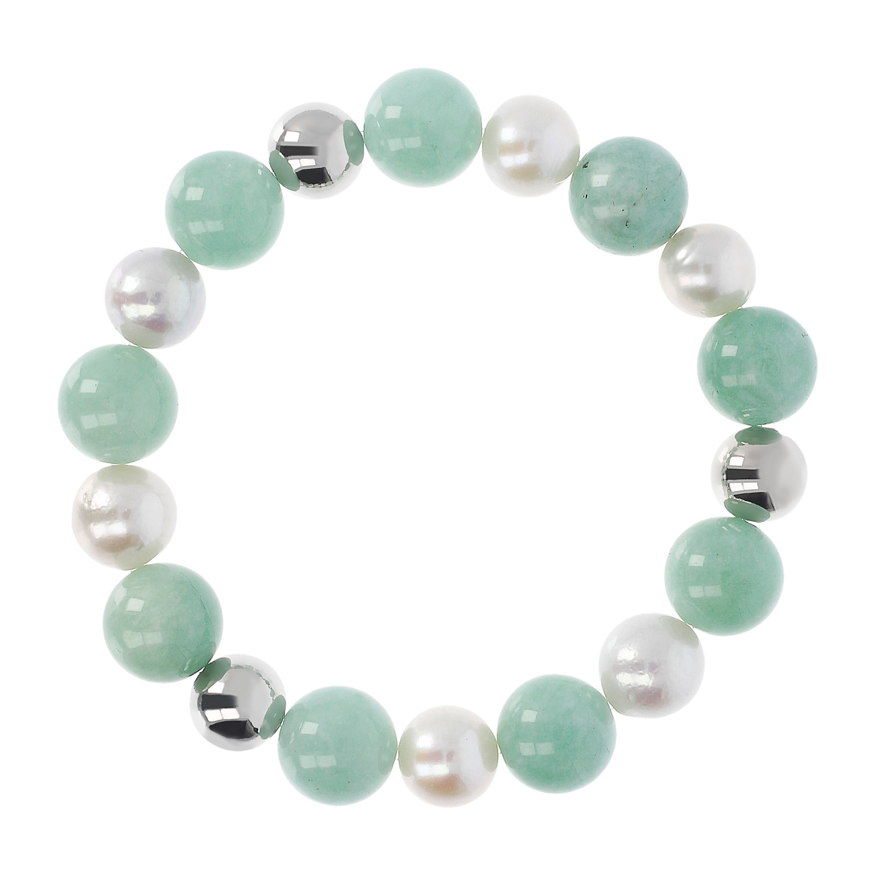 Bracciale Elastico con Sfere, Quarzo Verde e Perle d'Acqua Dolce Bianche Ø 9/10 mm