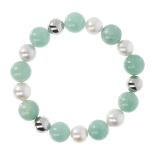 Bracciale Elastico con Sfere, Quarzo Verde e Perle d'Acqua Dolce Bianche Ø 9/10 mm