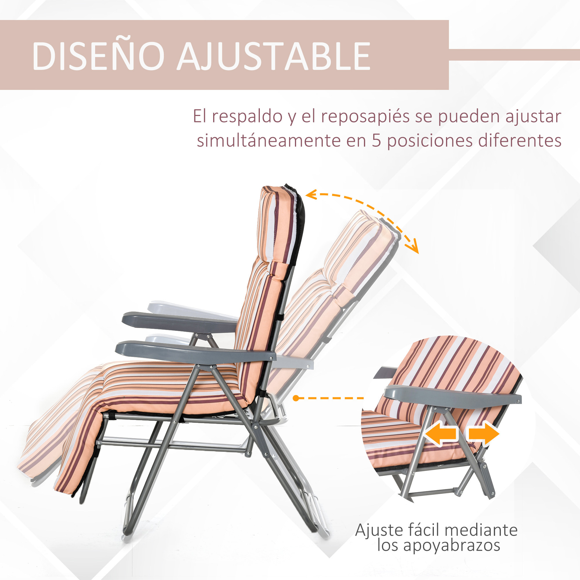 2 Tumbonas Plegables de Jardín Sillas de Gravedad Cero de Acero con Cojín Acolchado Respaldo Ajustable en 5 Posiciones y Reposapiés 60x75x65-102 cm Rayas Naranja