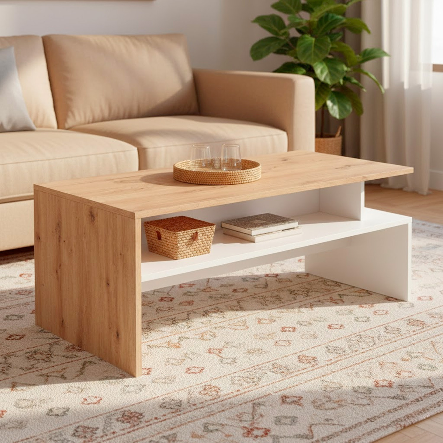 Tavolino Da Caffè Soggiorno Moderno Con Ripiano E Vani A Giorno Design Elegante E Funzionale 108 x 50 x 43 cm Bianco Opaco E Quercia