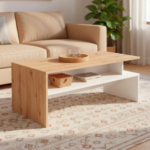 Tavolino Da Caffè Soggiorno Moderno Con Ripiano E Vani A Giorno Design Elegante E Funzionale 108 x 50 x 43 cm Bianco Opaco E Quercia