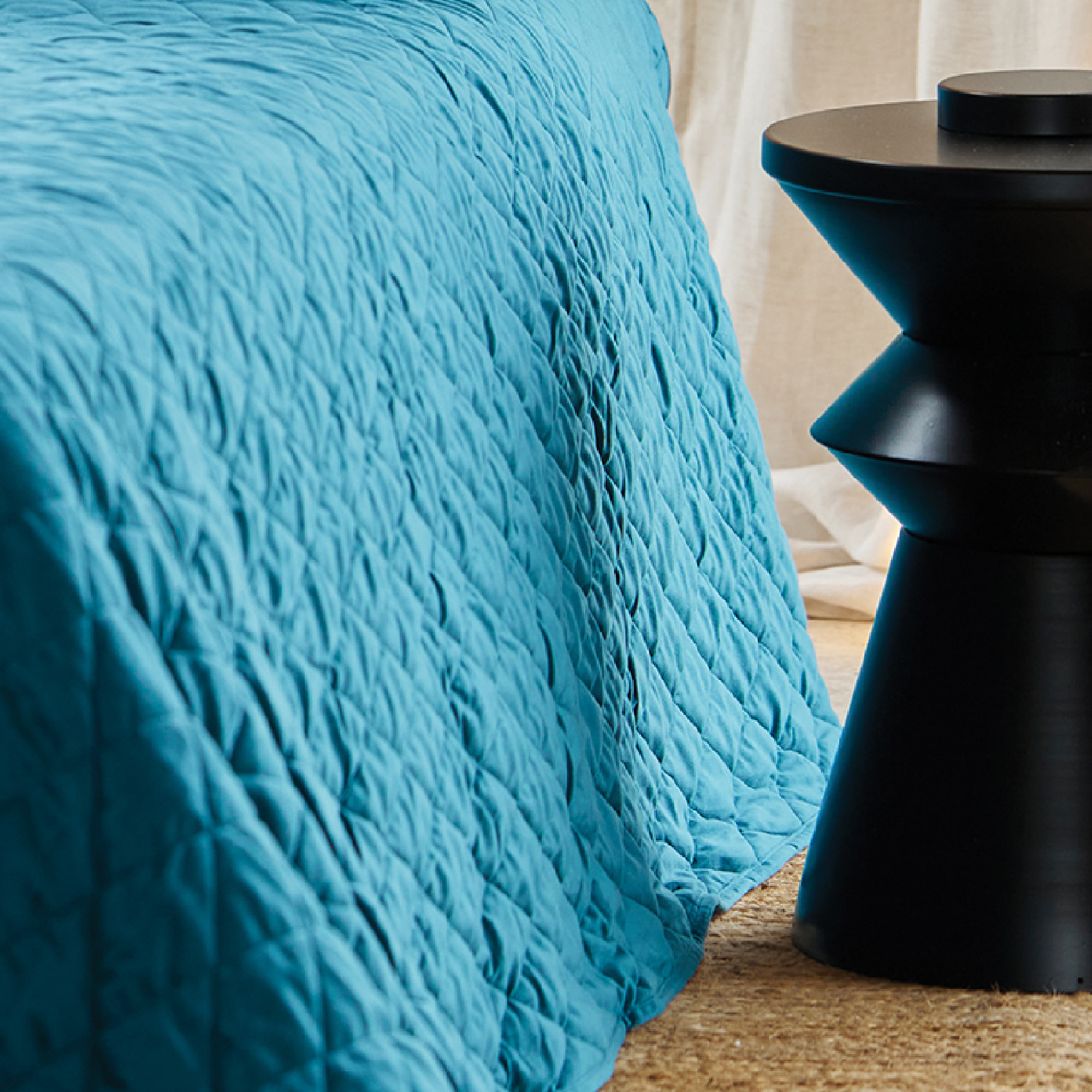 Couvre-Lit et Taies d'Oreiller en Velours Matelassé - Bleu Paon