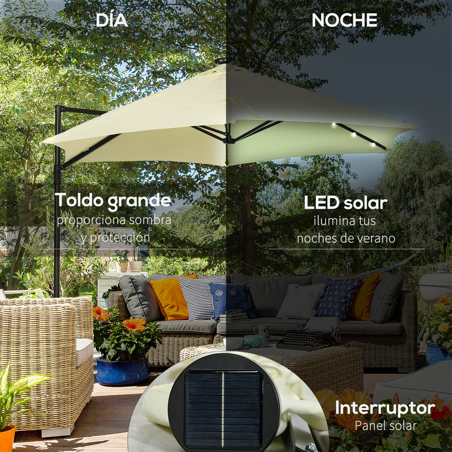 Sombrilla de Jardín Ø256x248 cm Parasol de Terraza Manual con Luces LED Solares Poste Giratorio 360° y Ventilación Superior para Jardín Patio Piscina Beige
