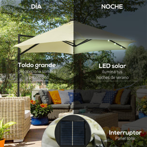 Sombrilla de Jardín Ø256x248 cm Parasol de Terraza Manual con Luces LED Solares Poste Giratorio 360° y Ventilación Superior para Jardín Patio Piscina Beige