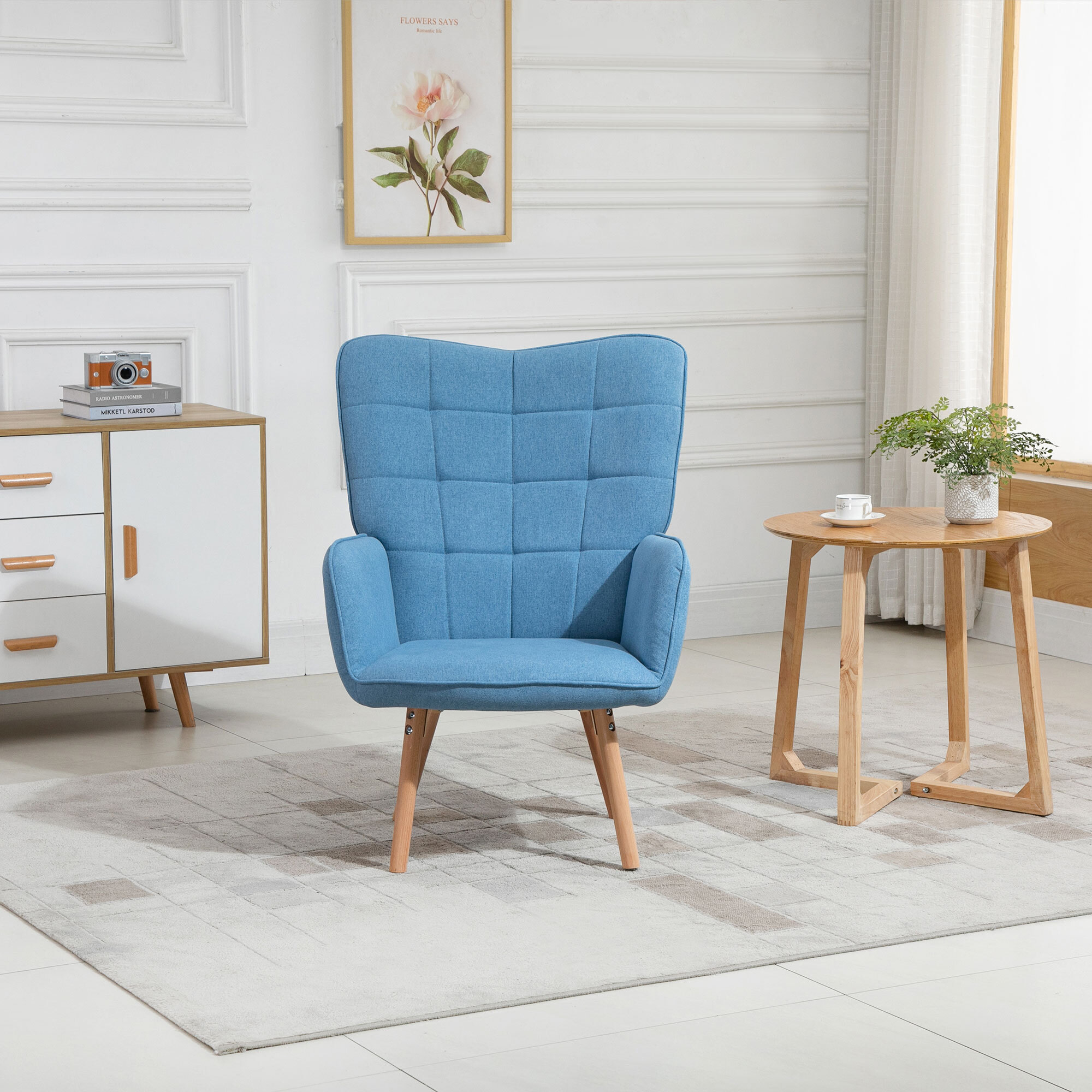 Butaca de Salón Moderna Sillón con Respaldo Alto Reposabrazos Tela de Lino y Patas de Madera de Haya para Comedor Cocina 71x76x101 cm Azul