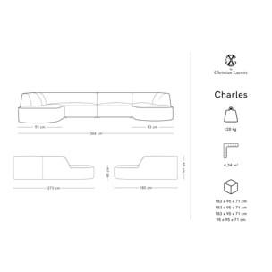 Canapé d'angle gauche panoramique "Charles" 7 places en velours pétrole profond