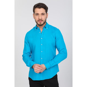 Camicia Uomo 1 Bottone Button Down Slim Lino Unito Turchese
