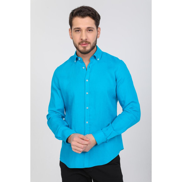 Camicia Uomo 1 Bottone Button Down Slim Lino Unito Turchese