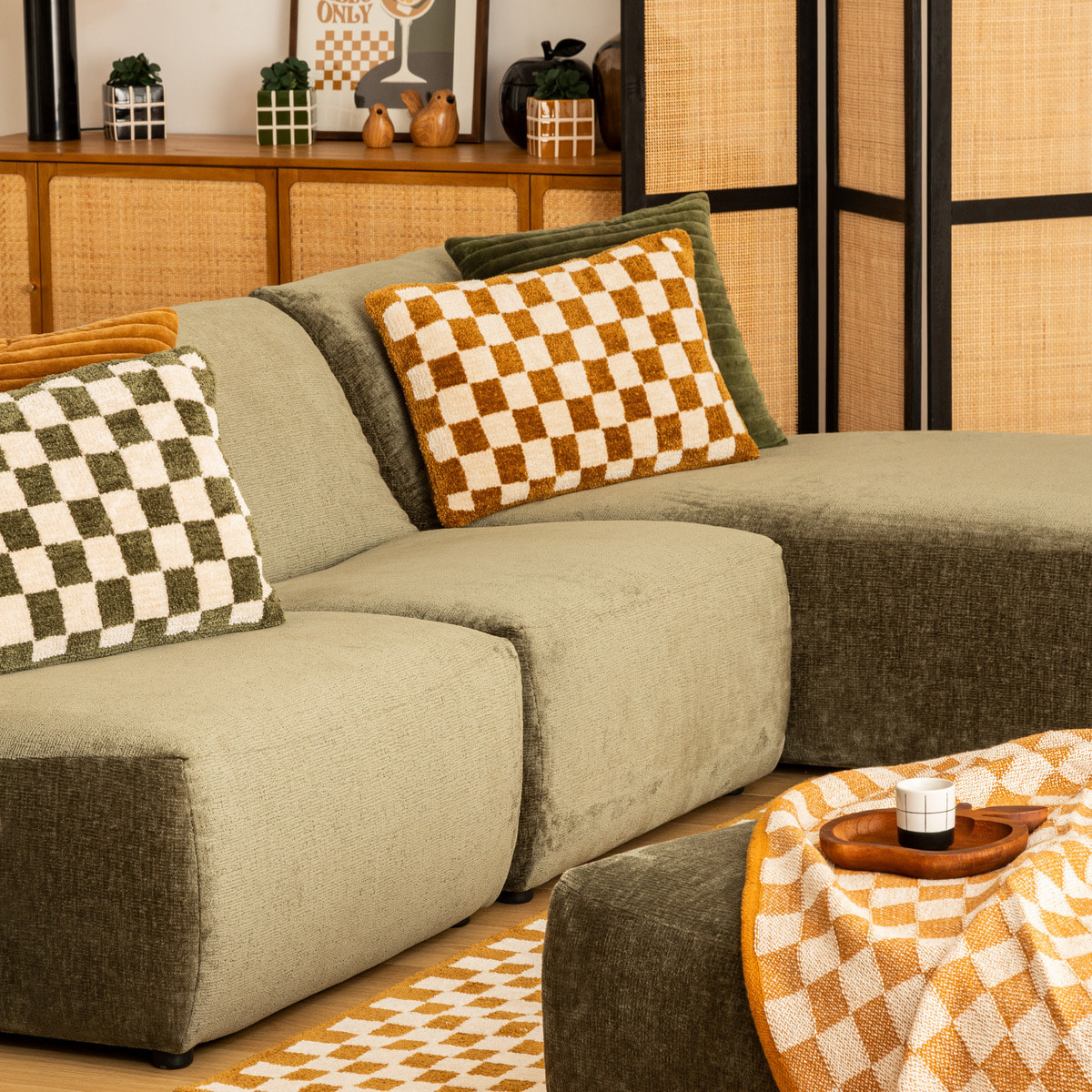 Coussin damier Itha jaune ocre 38x58cm