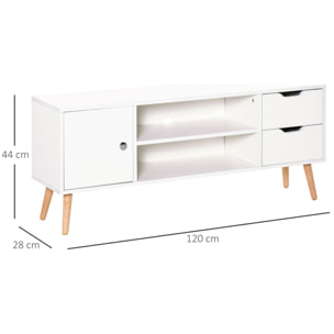 Mueble de TV 120x28x44cm con Armario Estantes Abiertos Cajones Carga 30kg Blanco