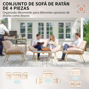 Conjunto de Jardín Exterior de Ratán, Muebles Jardín Exterior 4 Piezas, con Cojines, Sofá Doble, 2 Sillones y Mesa de Centro de Cristal, Estructura de Metal, Beige