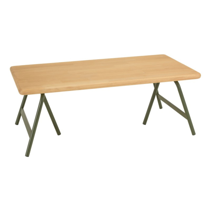 HELENA - Table basse plateau en pin et pieds tréteaux en métal vert