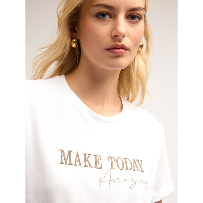 Motivi - T-shirt boxy con scritta ricamata - Bianco