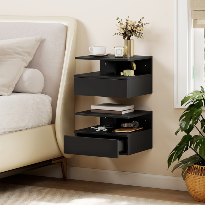 Juego de 2 Mesitas de Noche Flotantes con Cajón, Mesillas de Noche Dormitorio, Montado en la Pared, Estilo Moderno, para Sala de Estar, 35x32x22,5 cm, Negro