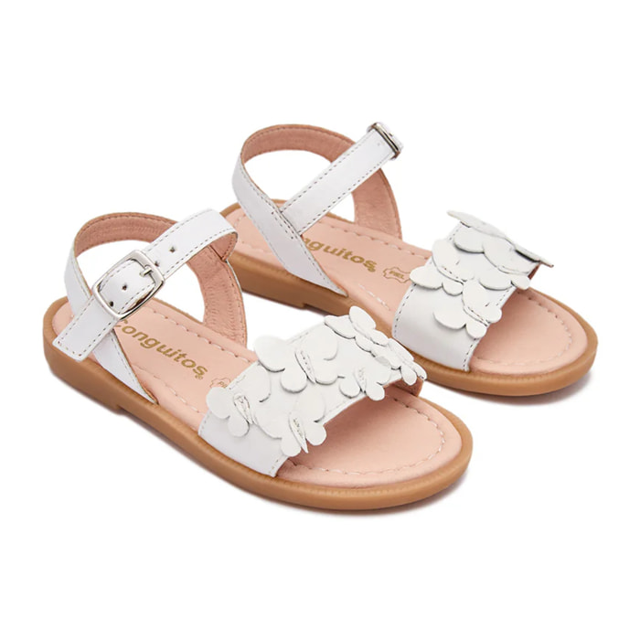 Sandali aperti da bambina con dettagli floreali, colore bianco.