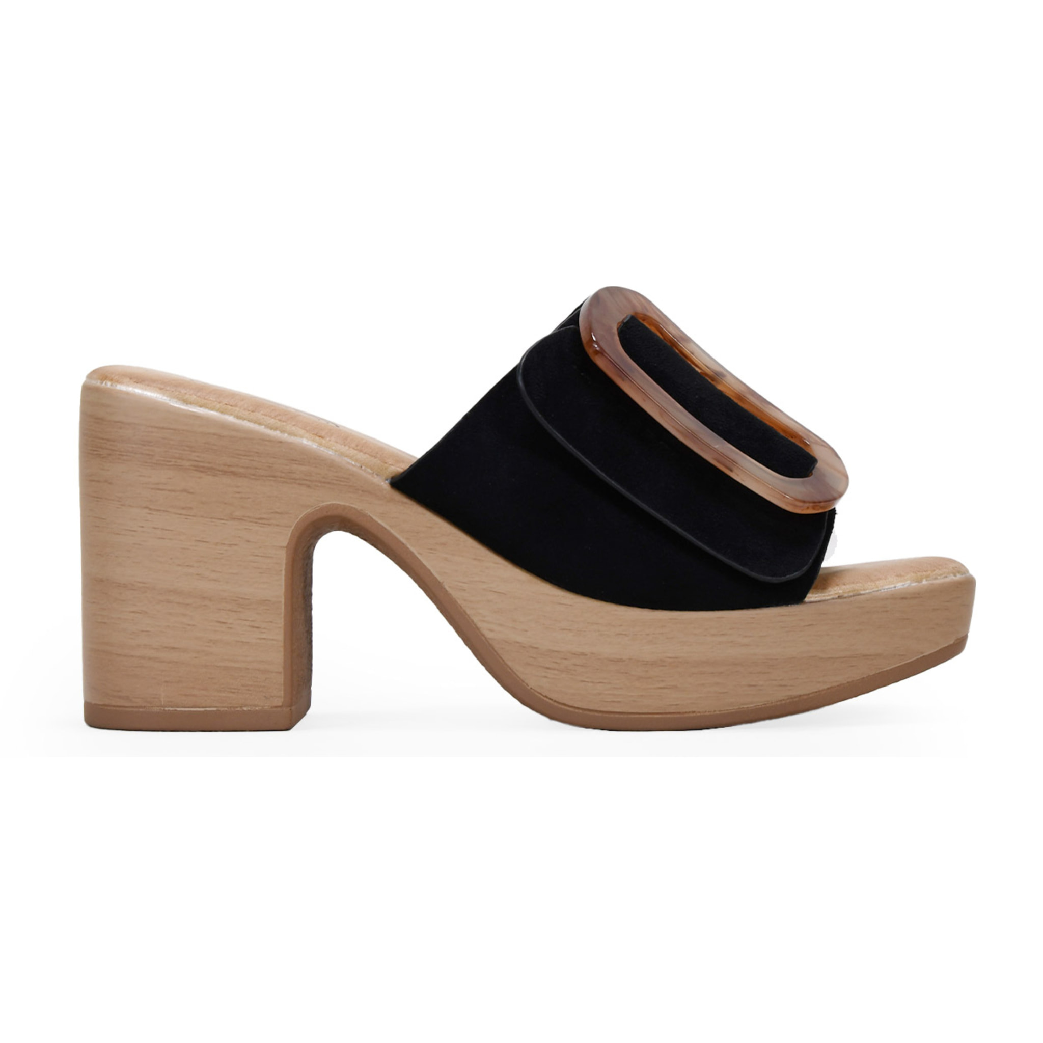 Sandalias de tacón negras con hebilla grande