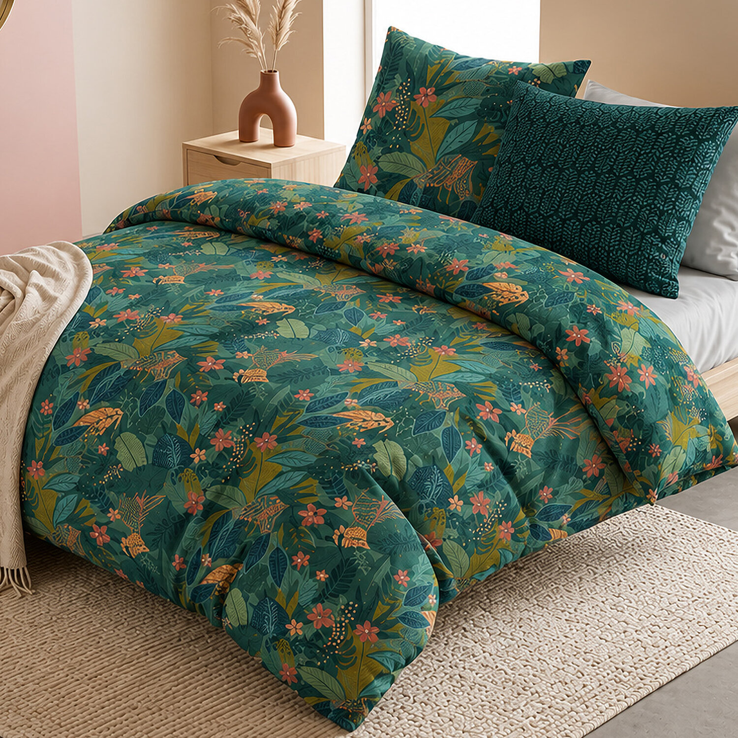 Parure housse de couette 100% percale de coton motif feuillages vert - ZELYA