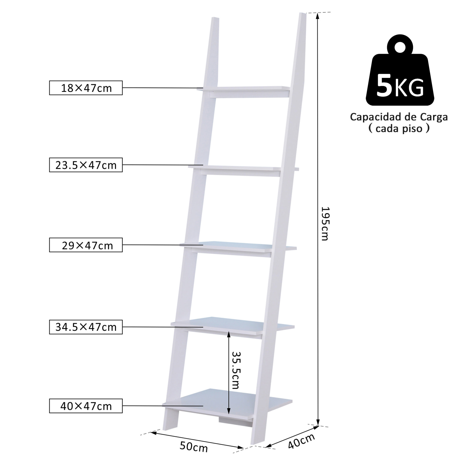 Estantería de Escalera con 5 Estantes de Pared de MDF Blanco