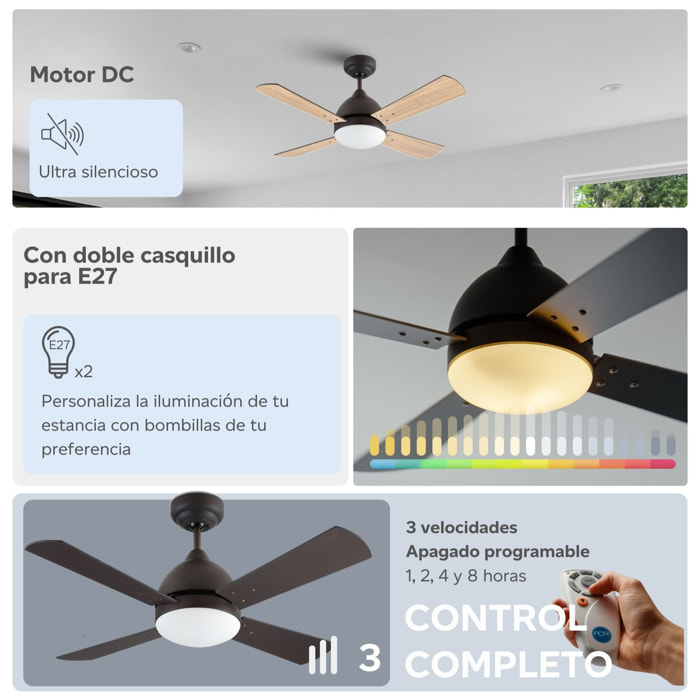 FORLIGHT Ventilador IP20 Borneo E27 15W Marrón Wengue Madera haya