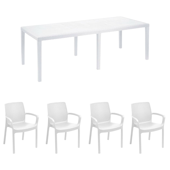 Set salotto da esterno Arret, Ripiano allungabile da esterno con 4 sedie, Tavolo e sedute da giardino effetto rattan, 100% Made in Italy, Bianco