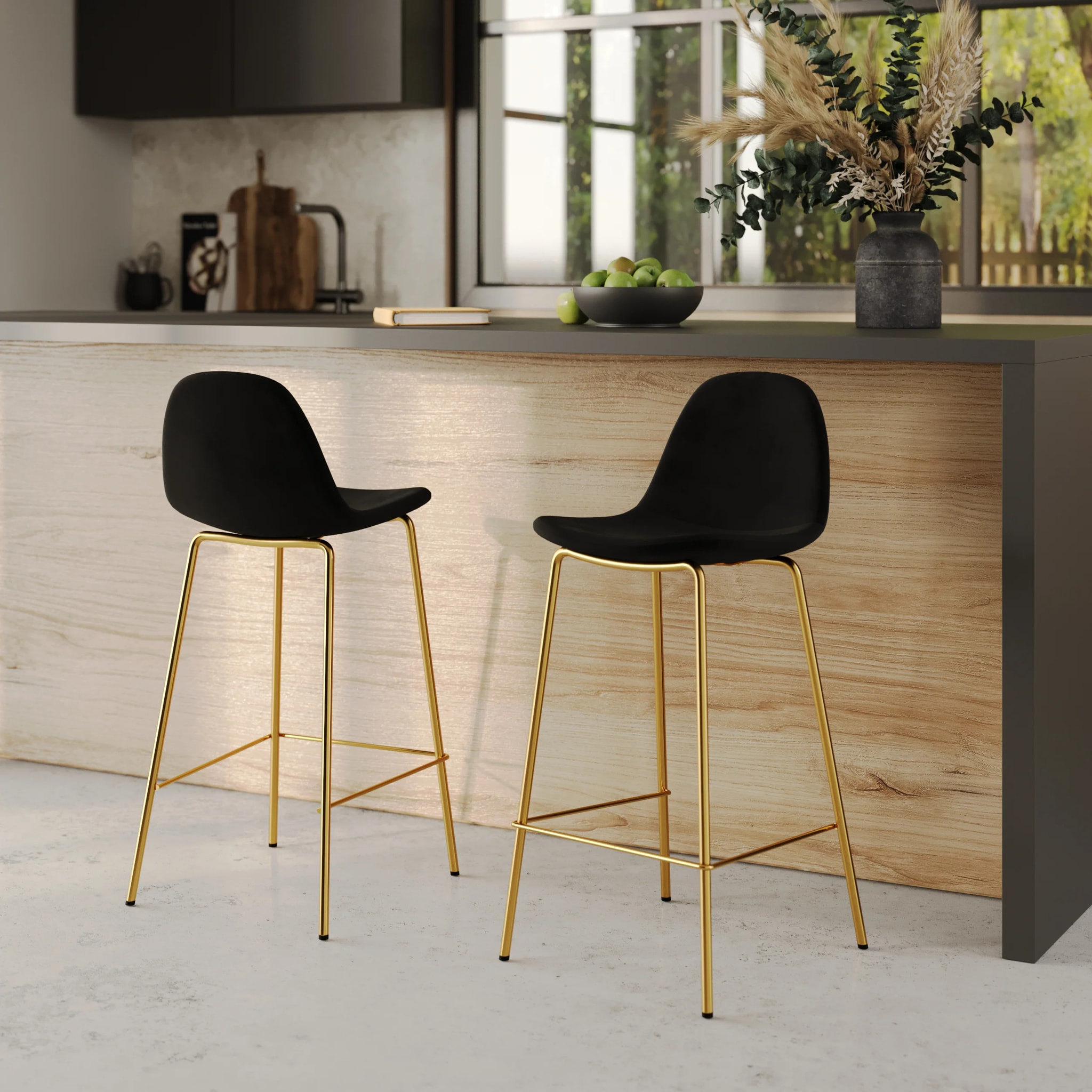 Lot de 2 chaises pour îlot central 65 cm en velours noir et doré - Henrik