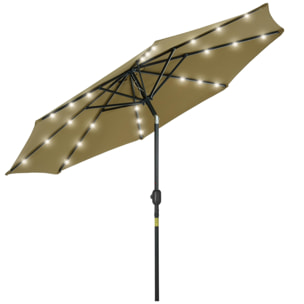 Sombrilla de Jardín Ø268x238 cm Parasol de Terraza con 24 Luces LED Solar Mecanismo de Inclinación Manivela y Poste Desmontable de Metal para Piscina Patio Marrón