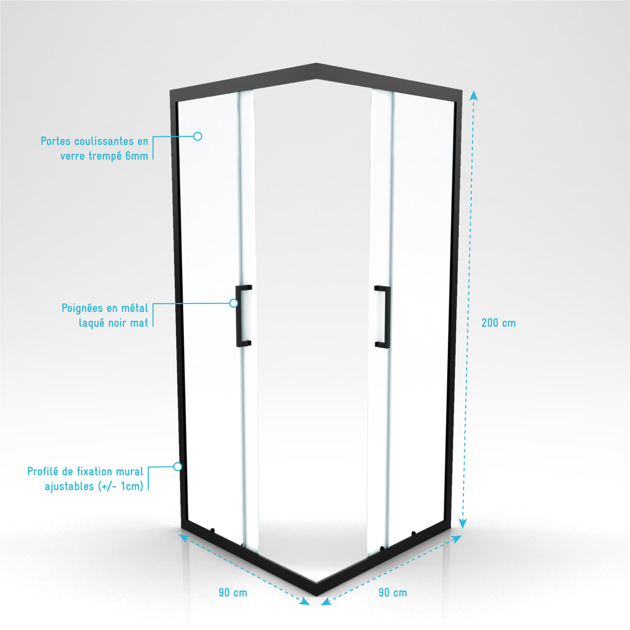Porte de douche carrée - 90x90x200 cm - PROFILE NOIR MAT - verre trempé 6mm