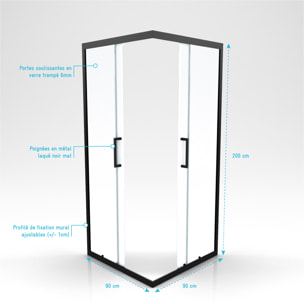 Porte de douche carrée - 90x90x200 cm - PROFILE NOIR MAT - verre trempé 6mm