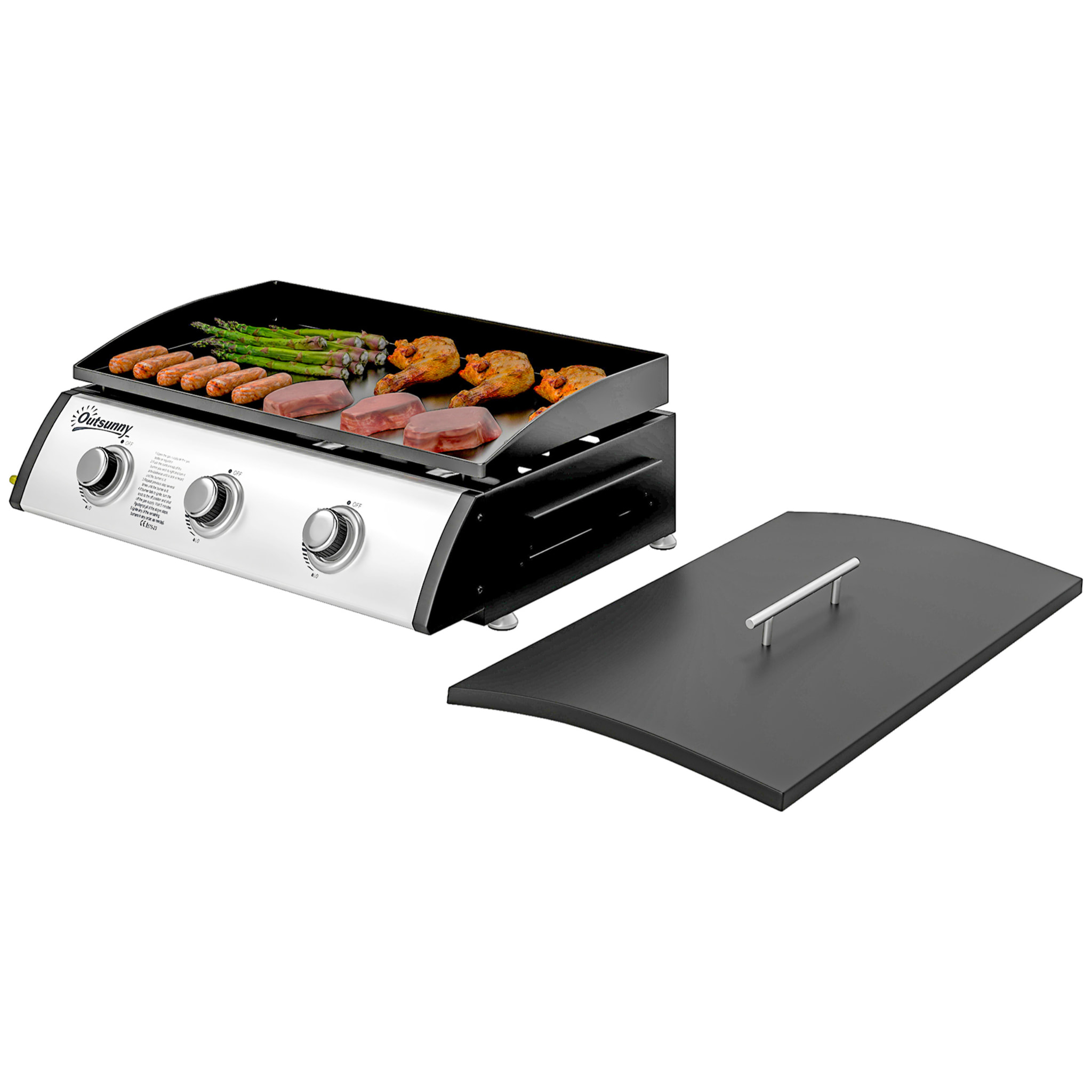 Plancha gaz avec couvercle - 3 brûleurs total 7,5 kW - surface cuisson 61 x 35,5 cm - détendeur tuyau inclus