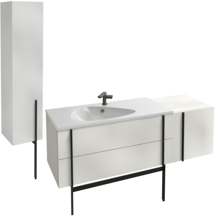 Meuble vasque 145 cm Nouvelle Vague blanc brillant + tiroir rack + colonne + pied