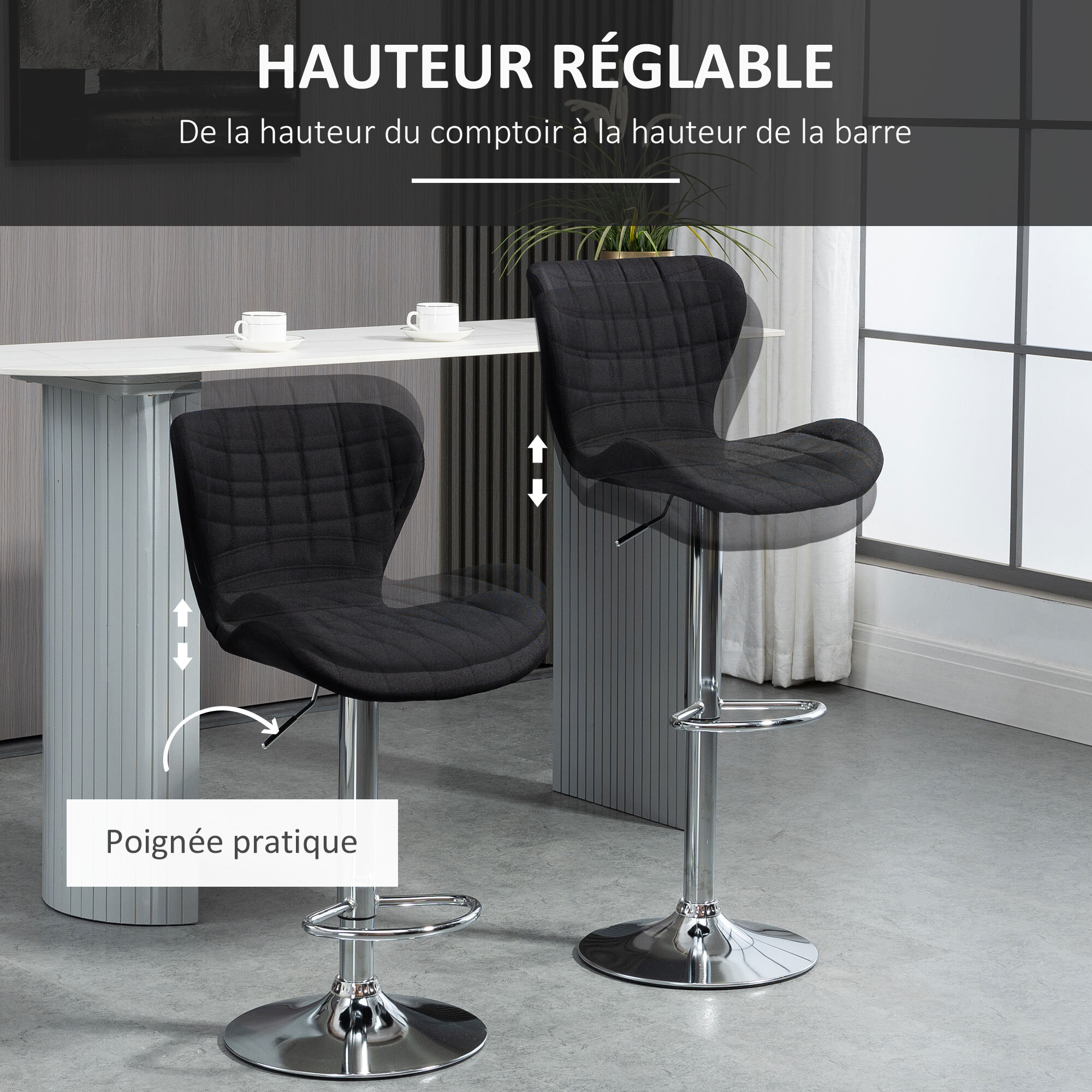 Lot de 2 tabourets de bar design contemporain hauteur d'assise réglable 59-81 cm pivotant 360° lin noir