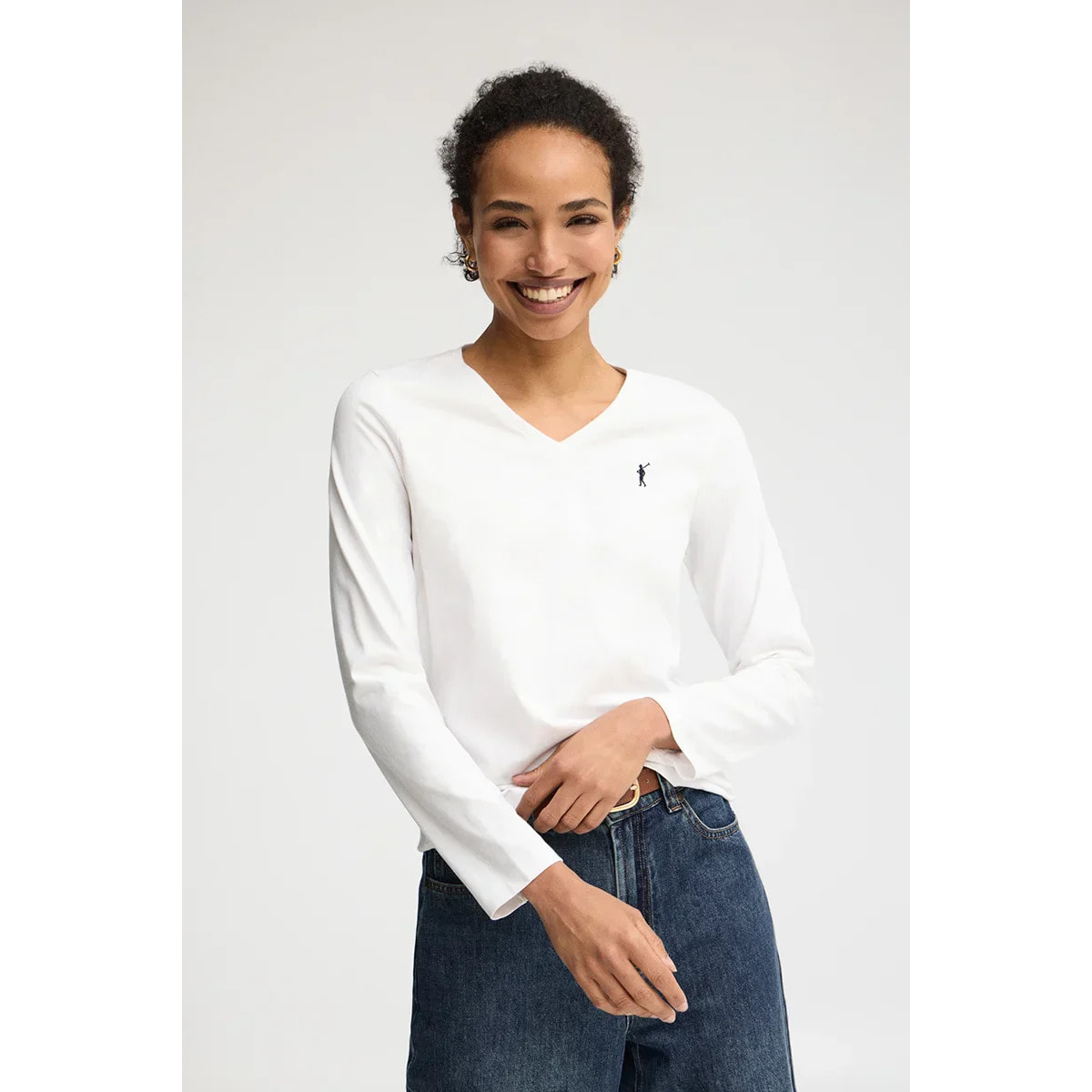 Maglietta bianca a maniche lunghe e scollo a V con ricamo Rigby Go