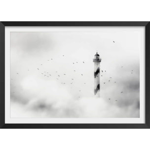 Affiche phare dans le brouillard Affiche + cadre en bois - Noir