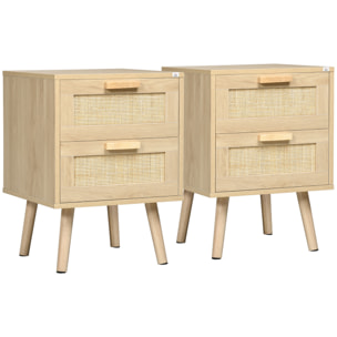 Conjunto de 2 Mesitas de Noche de Bohemio Mesillas de Noche con Cajones de Rejilla de Mimbre y Patas de Madera para Salón Dormitorio 40x40x56 cm Natural