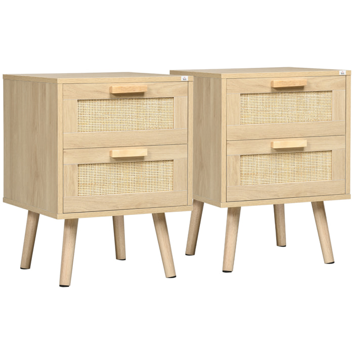 Conjunto de 2 Mesitas de Noche de Bohemio Mesillas de Noche con Cajones de Rejilla de Mimbre y Patas de Madera para Salón Dormitorio 40x40x56 cm Natural