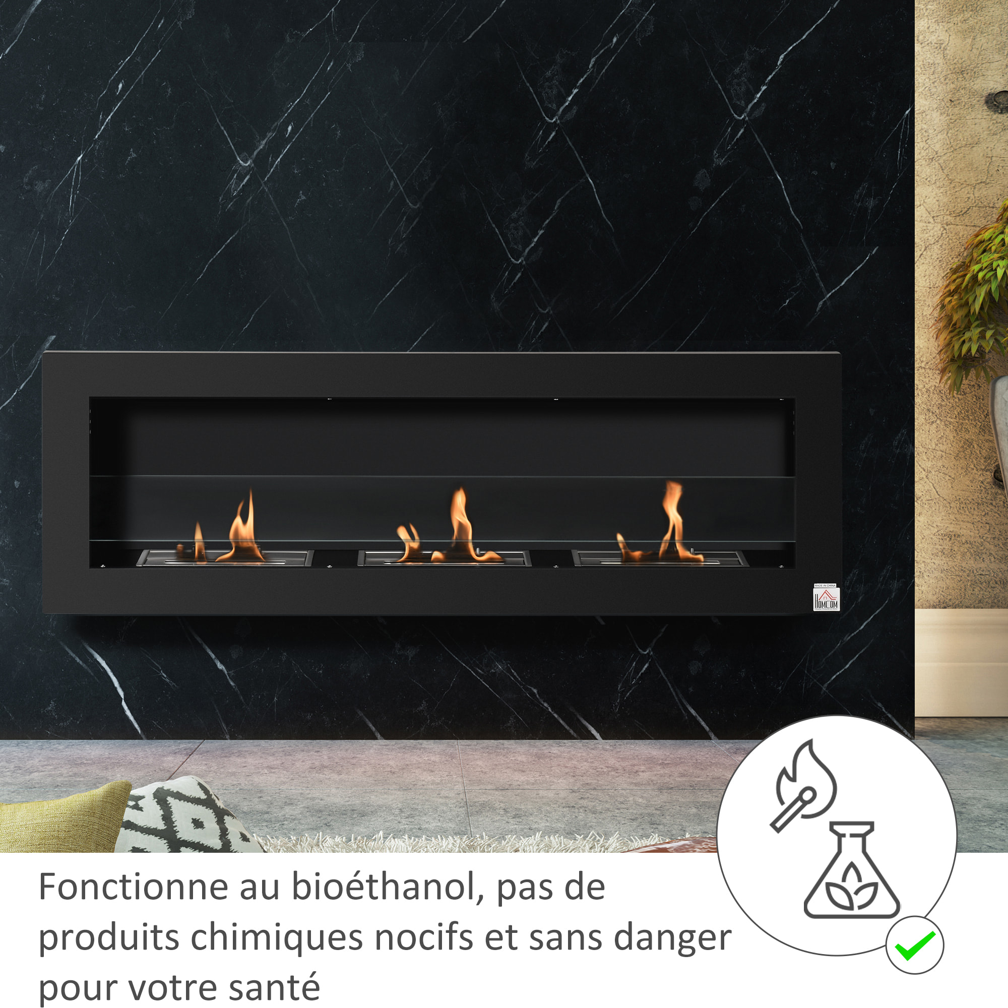 Cheminée bioéthanol murale design Bauhaus - triple brûleur 1 L - pare-feu verre trempé, kit fixation inclus - acier inox. acier dépoli noir