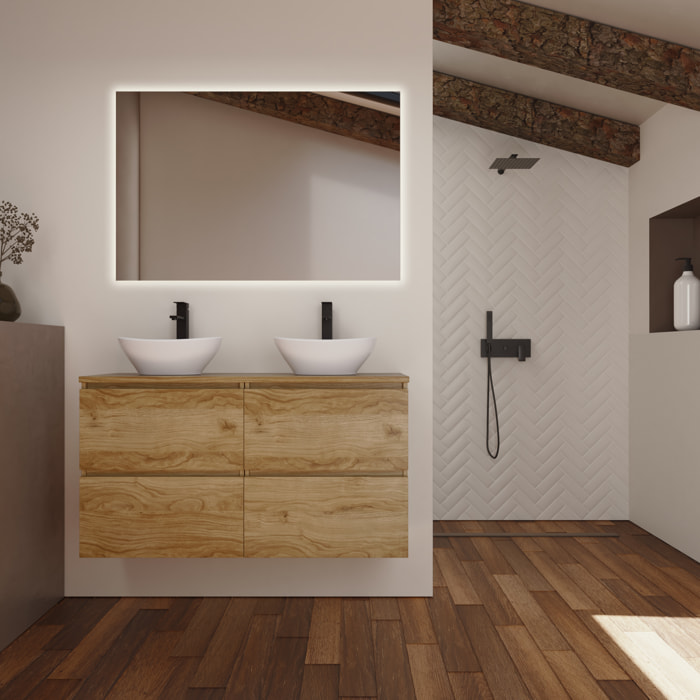 Ensemble Salle de Bain Kaji | Meuble Suspendu | 140 cm Teck | 4 Tiroirs | Lavabo sur Plan | N'inclut pas Miroir | Alday