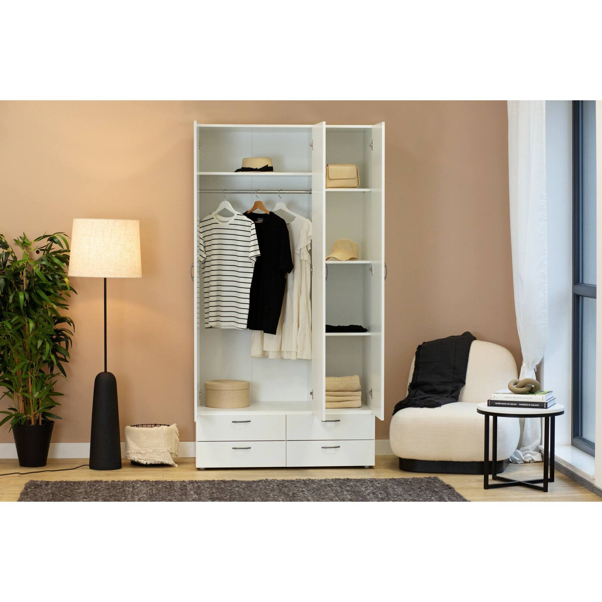 Guardaroba 3 ante Randazzo, Mobile camera da letto, Cabina armadio portabiti, Armadio appendiabiti, 111x52 h214 cm, Bianco