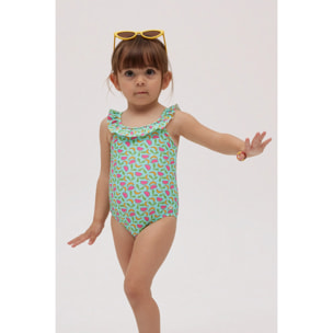 Costume da bagno per bambina con volant e stampa di frutta