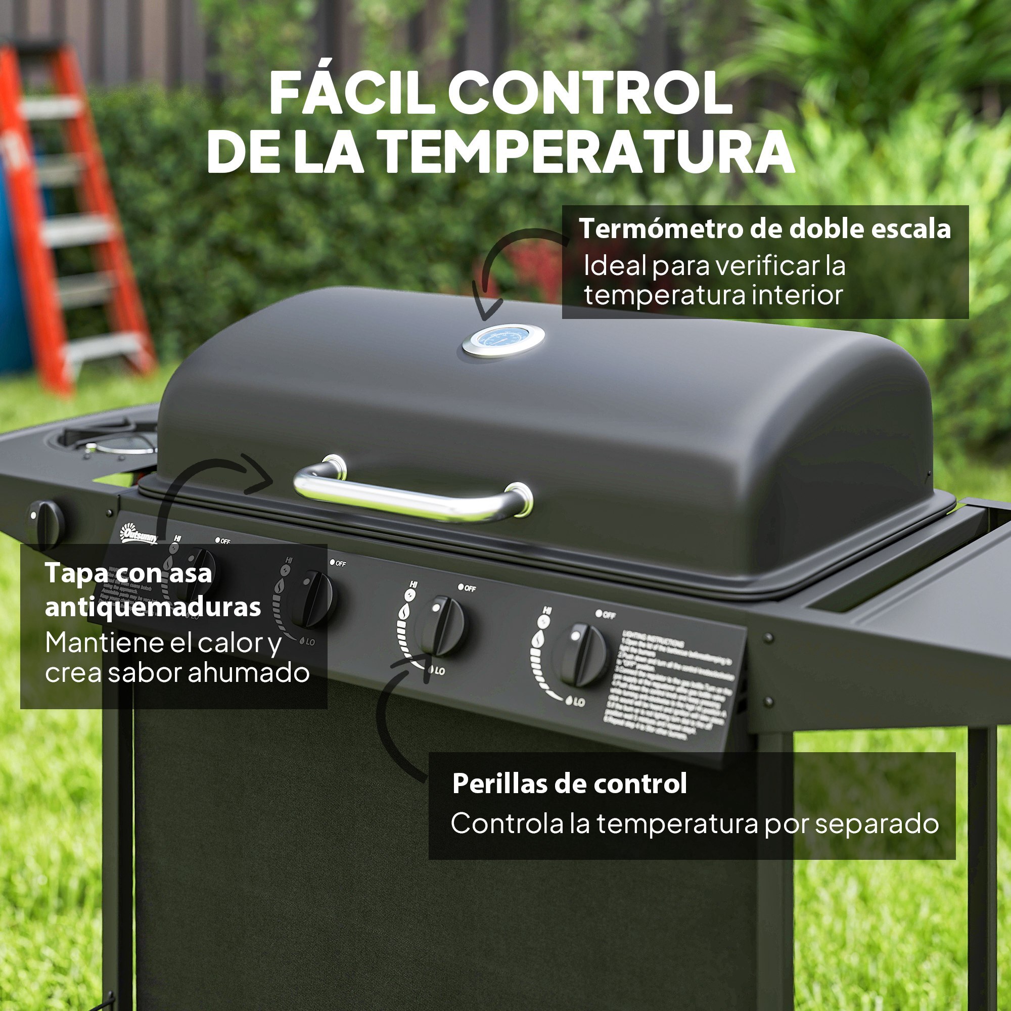 Barbacoa de Gas BBQ Gas con 4+1 Quemadores 12 kW Barbacoa Portátil con Termómetro Mesa Lateral Estante Especiero Parrilla Recogedor de Grasa 2 Ruedas para Jardín Exterior Camping Negro