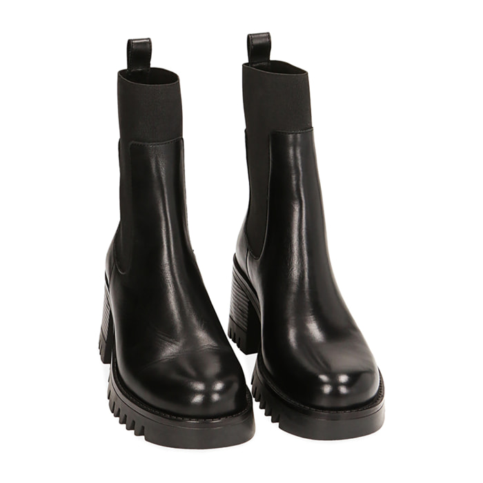 Stivaletti Chelsea neri in pelle, tacco 7 cm