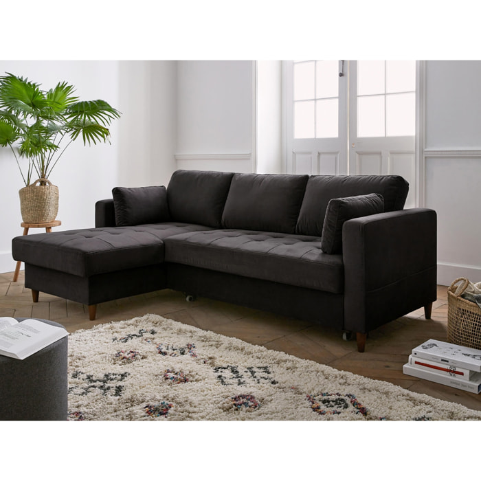 Anna - canapé d'angle gauche - 4 places - convertible avec coffre - en velours - Gris foncé