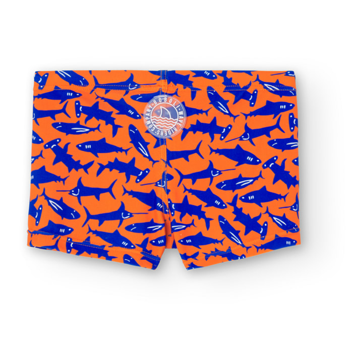 Bañador estampado con tiburones de color naranja, Bañador