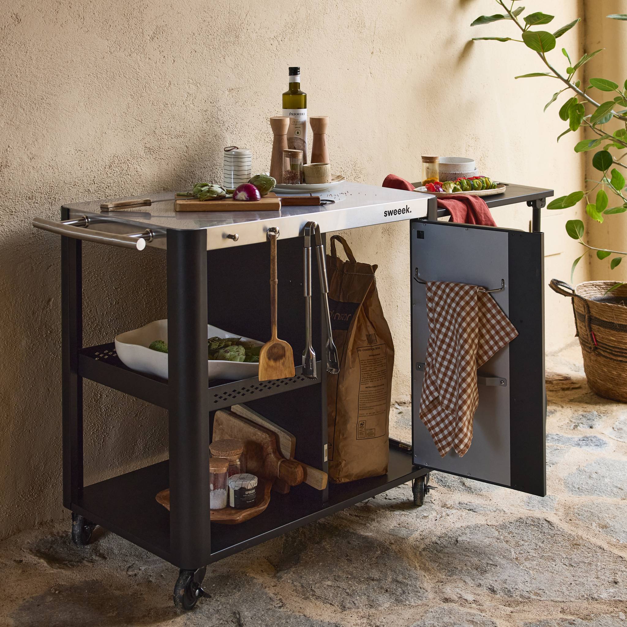 Desserte extérieure ANDY noire mat en acier inoxydable 94.5 cm avec tablette rabattable. L 156 x l 49.5 x H 80 cm