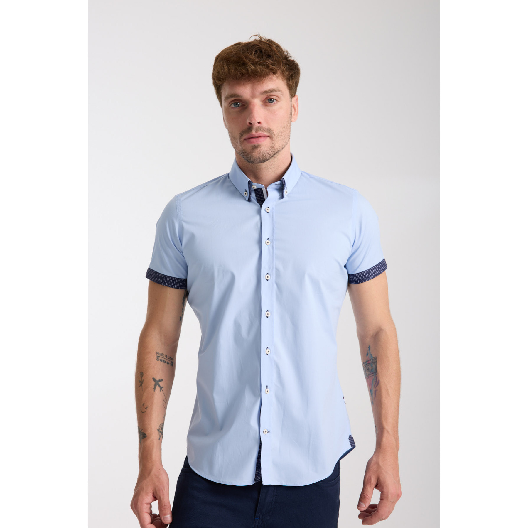 camicia uomo slim 1 bottone button down doppio collo Popeline Stretch Unito Celeste