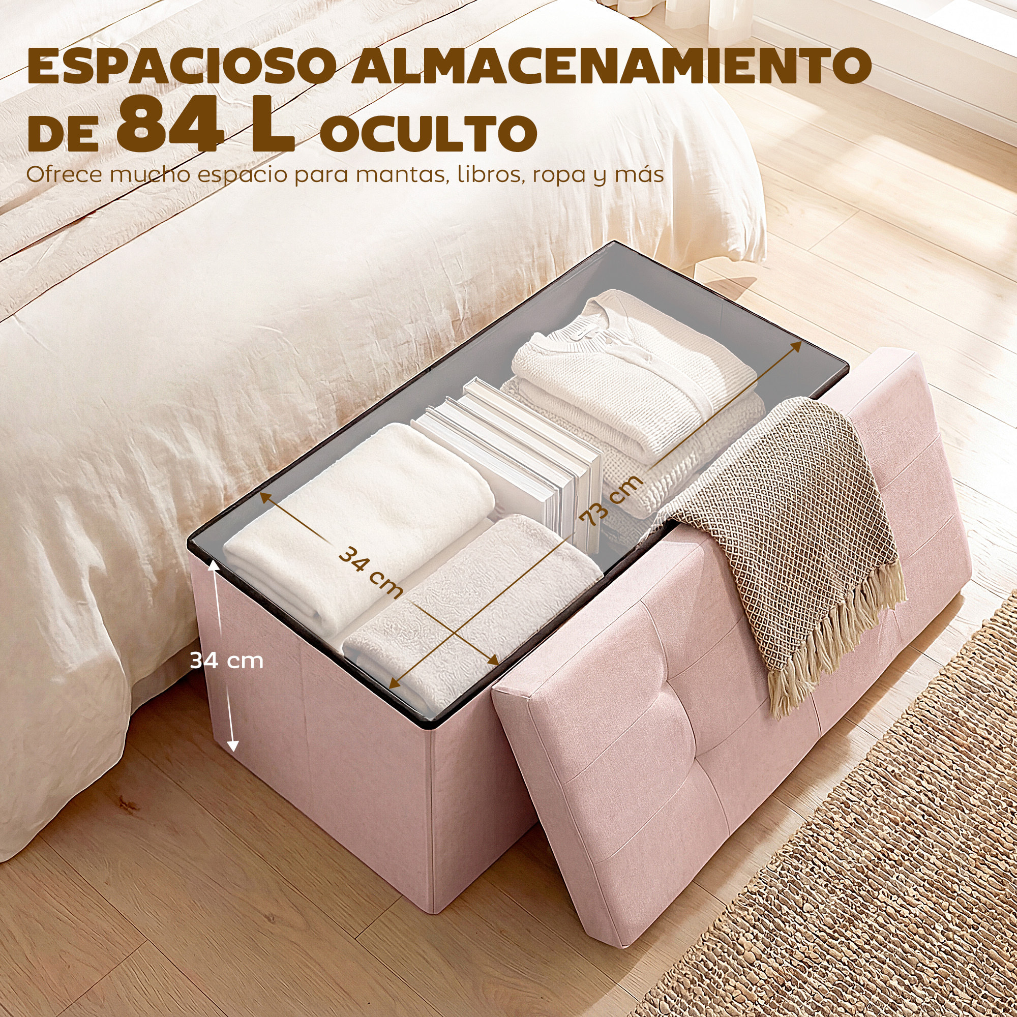 Puff Almacenaje, Banco Almacenaje Plegable, 84 L, 76x38x38 cm, Tapizado en Lino Sintético, Baúl de Almacenamiento, Carga 120 kg, Taburete para Sala de Estar, Dormitorio, Entrada, Rosa