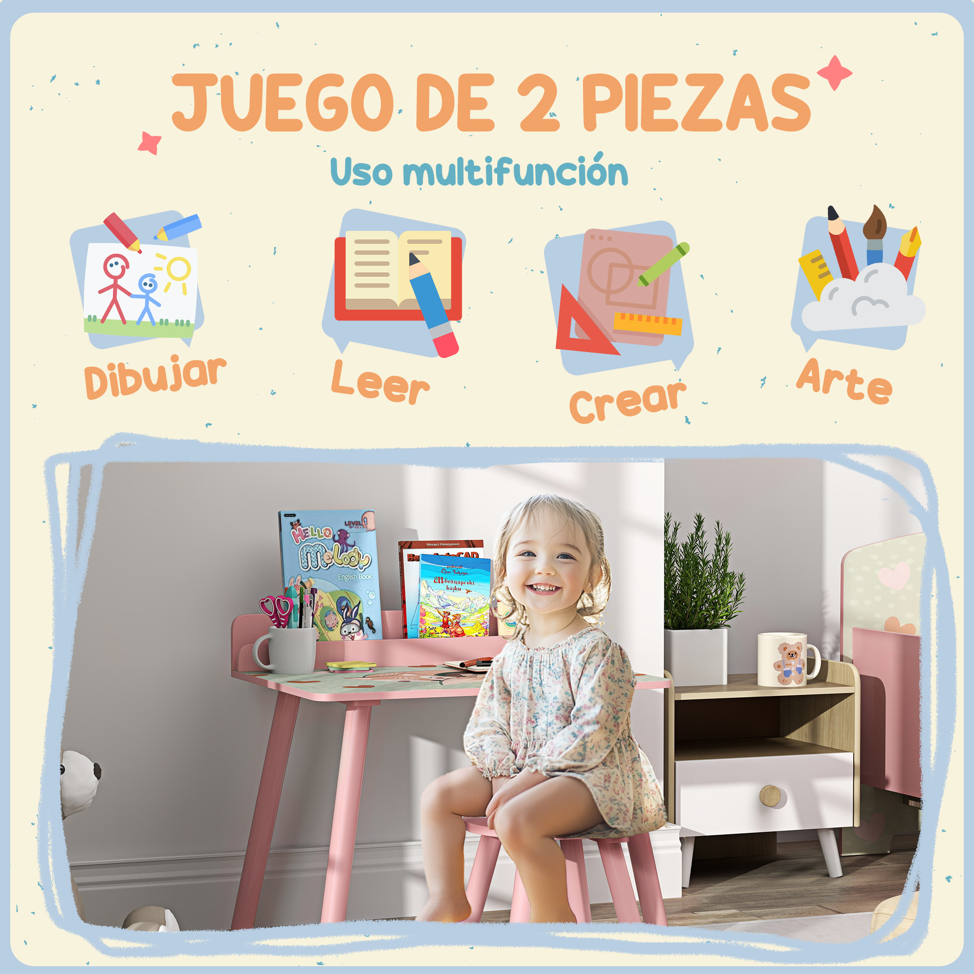 Mesa y Silla Infantiles de 2 Piezas Mesa Infantil con Silla y Estante para Libros Escritorio para Niños de +3 Años para Sala de Juegos Rosa